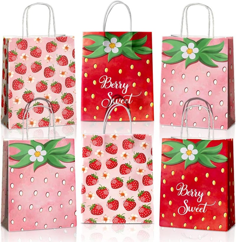 JOYGATHER 24 Pcs Strawberry Party Favor Bags With Handles - Berry Goodie Gift Bags for Kids, Kraft Paper for Birthday Party Supplies and Decorations - Image 1